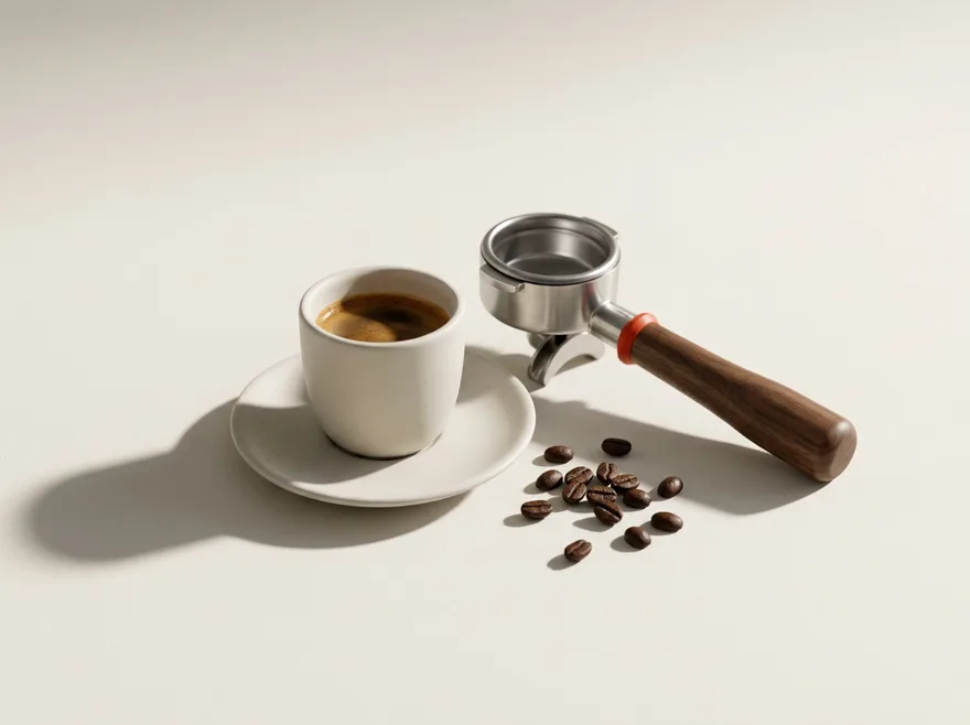 Espresso fincanı ve kahve çekirdekleri kompozisyonu