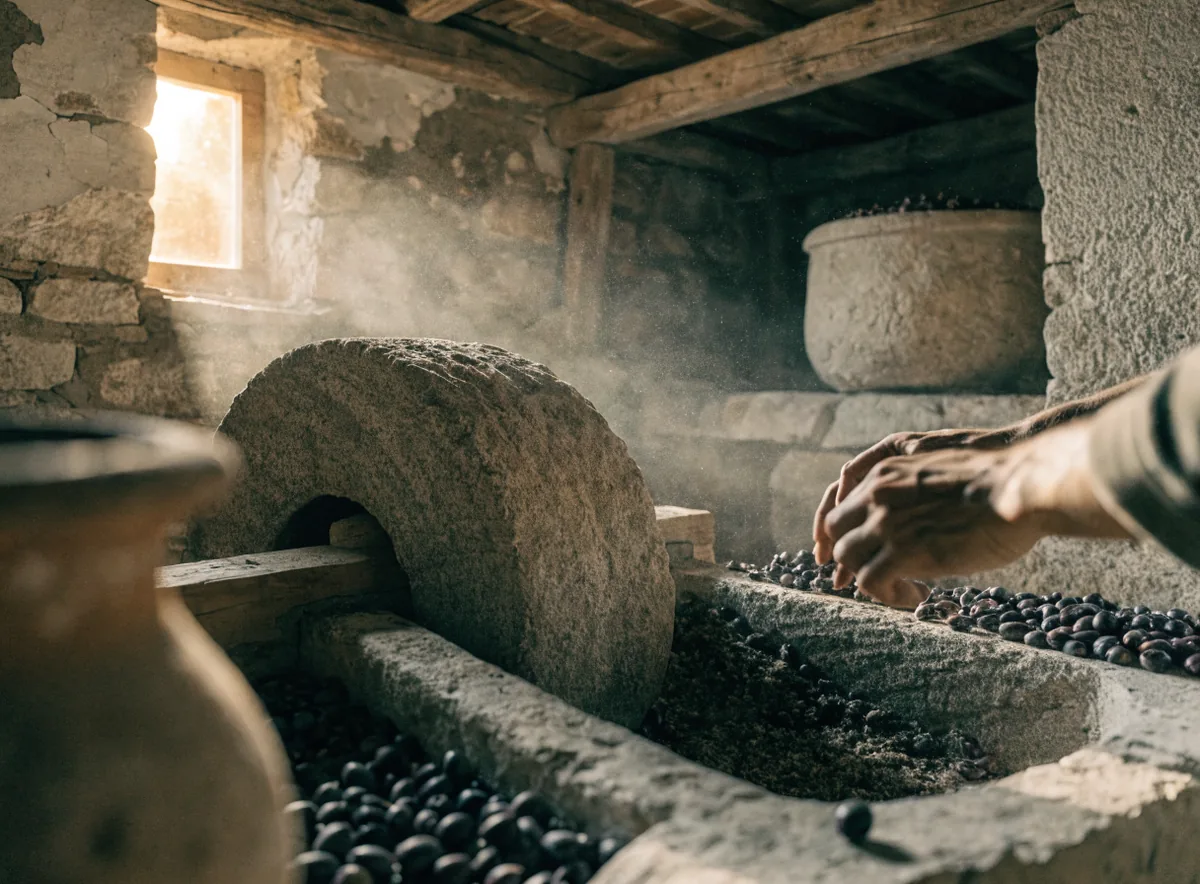 Taş değirmende zeytin ezimi